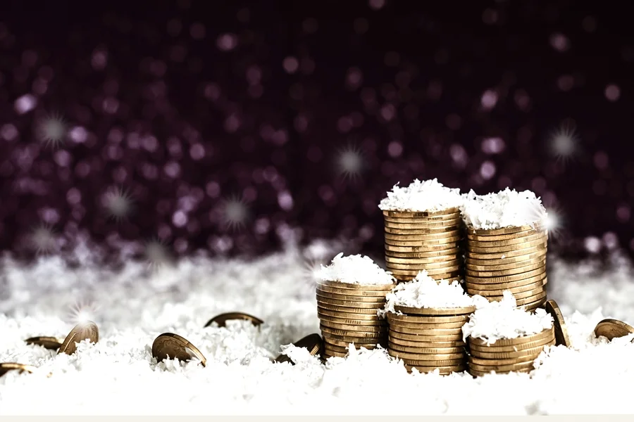 стопки монет в снежной крошке