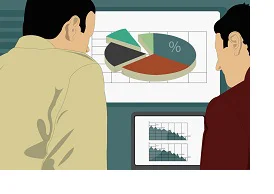 два сотрудника перед диаграммами  схематически