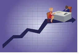 сотрудница сидит у стола начальника на фоне графика схематически