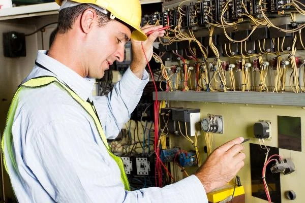 Мужчина электромонтажник в каске работает с оборудованием