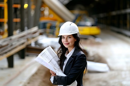Девушка Инженер ПТО / Сметчик в белой каске стоит на фоне стройка и держит в руках чертежи