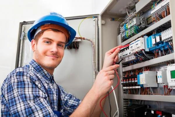 Мужчина Инженер КИПиА в каске подключает провода к оборудованию