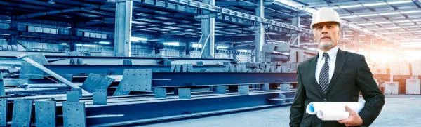 Мужчина начальник производства в каске стоит с чертежами в цехе